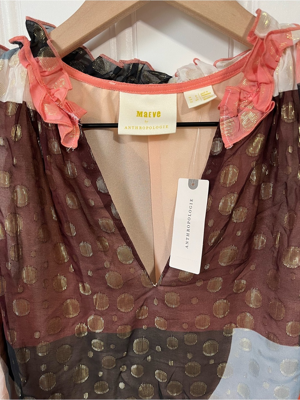 Anthropologie NWT Maeve Fantasia Metallic Clip Dot Ruffle Blouse Women’s 2